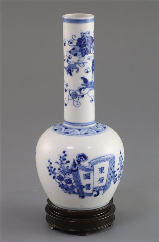 A Chinese blue and white bottle vase, PLEASE NOTE Republic period NOT Kangxi, H. 17.2cm, wood stand